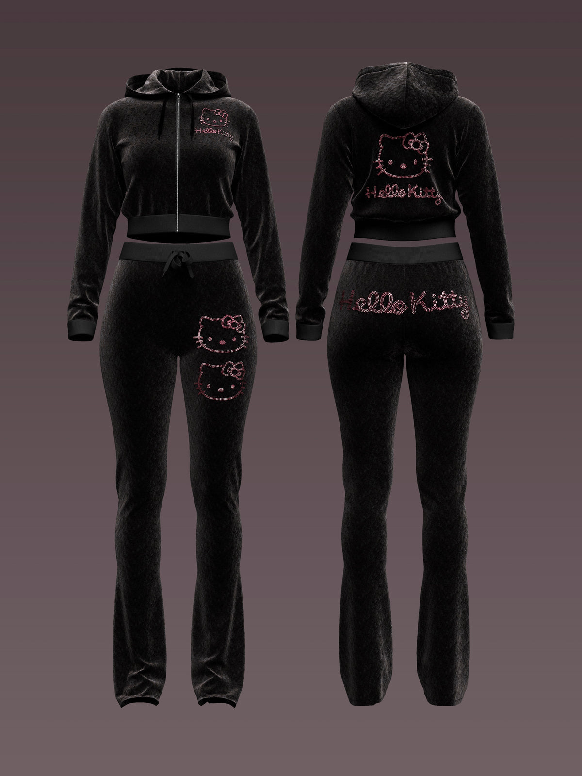 Kitty Rhinestone Velvet Tracksuit Set