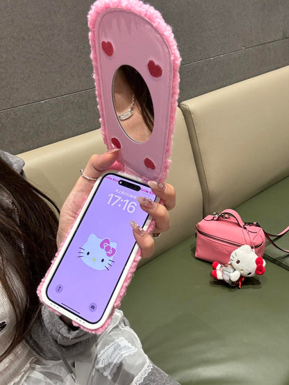 Kitty Retro Fleece Flip-Phone iPhone Case with Mirror