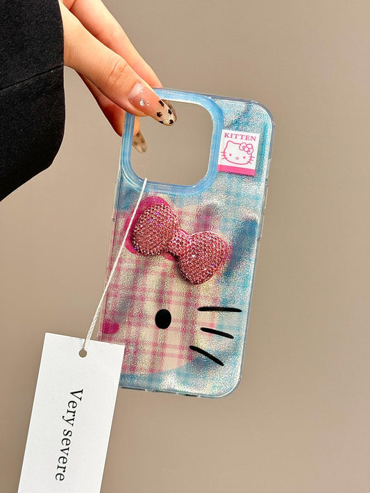 Blue Kitty Holographic iPhone Case with Rhinestone Holder