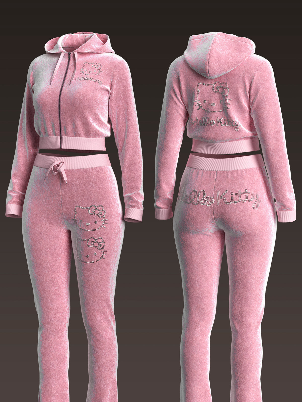 Kitty Rhinestone Velvet Tracksuit Set
