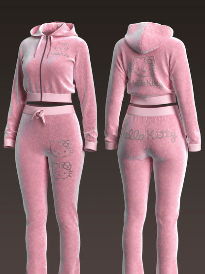 Kitty Rhinestone Velvet Tracksuit Set