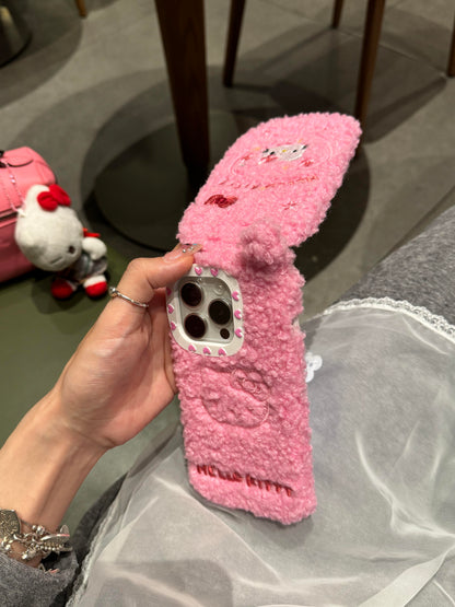Kitty Retro Fleece Flip-Phone iPhone Case with Mirror