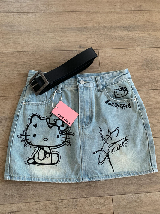 Kitty Graffiti Print Denim Skirt