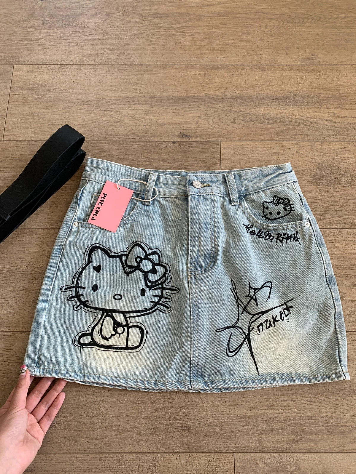 Kitty Graffiti Print Denim Skirt