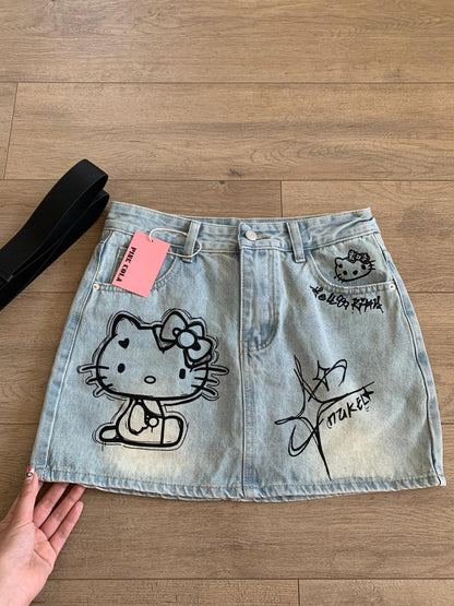 Kitty Graffiti Print Denim Skirt