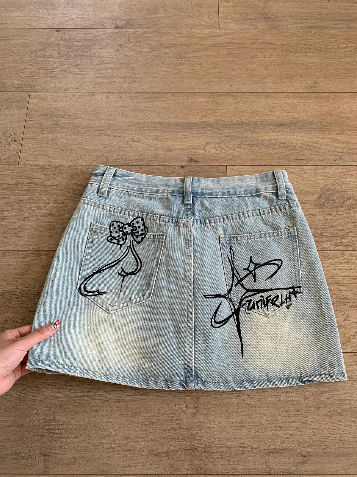 Kitty Graffiti Print Denim Skirt