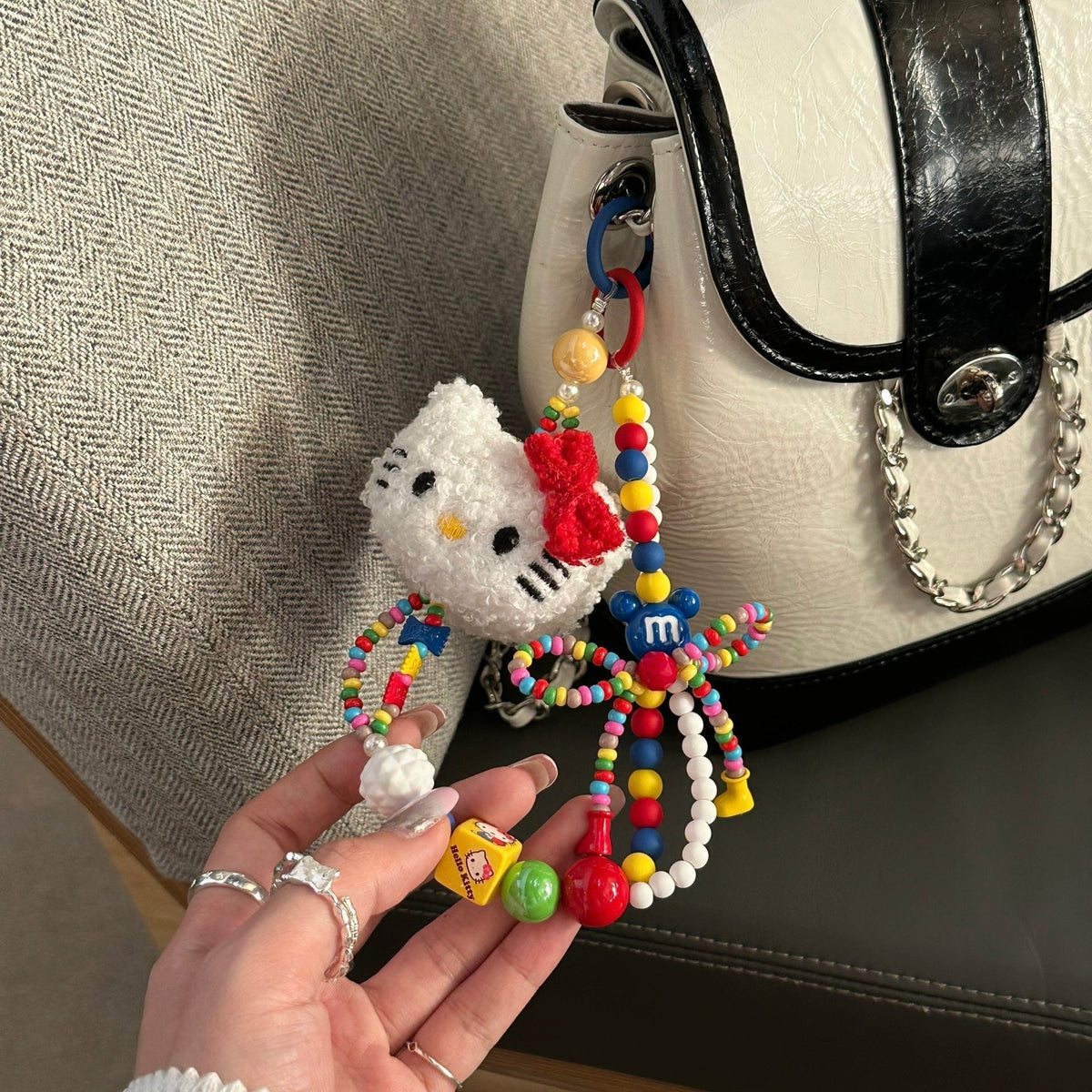 White Plush Kitty Beaded Phone and Bag Charm