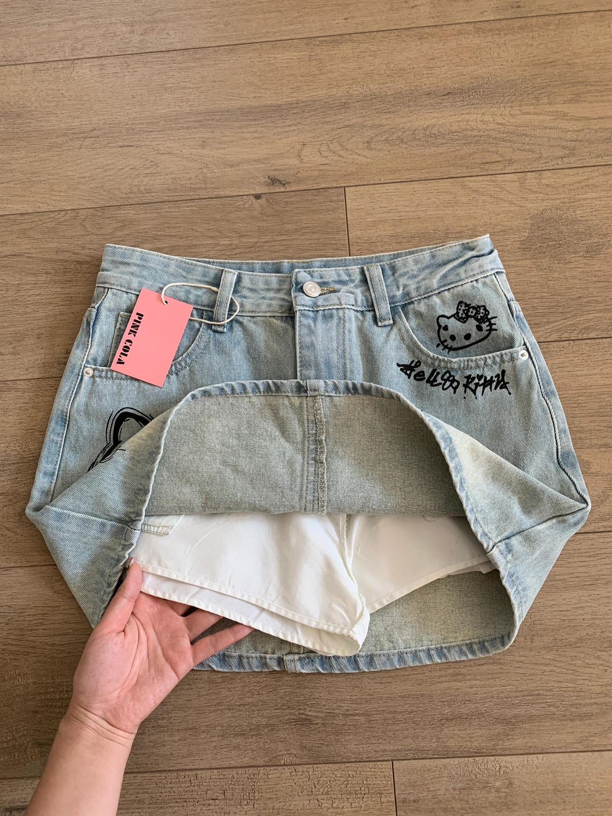 Kitty Graffiti Print Denim Skirt