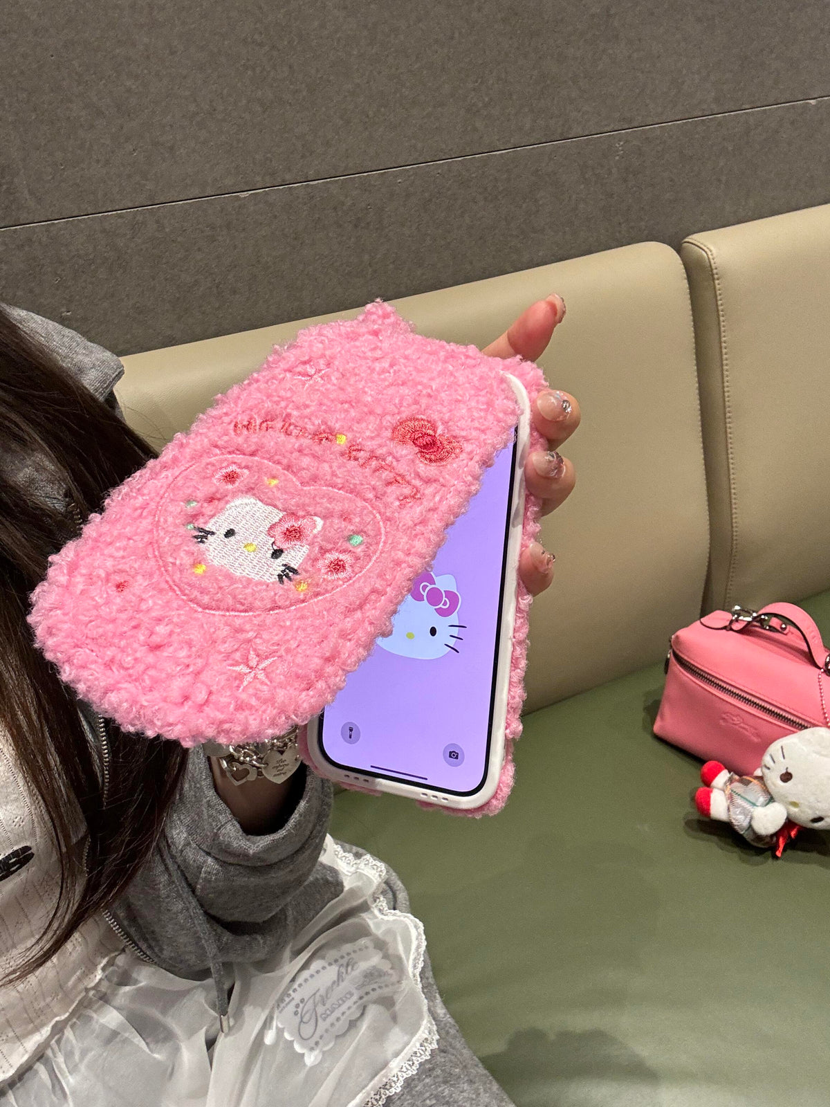 Kitty Retro Fleece Flip-Phone iPhone Case with Mirror