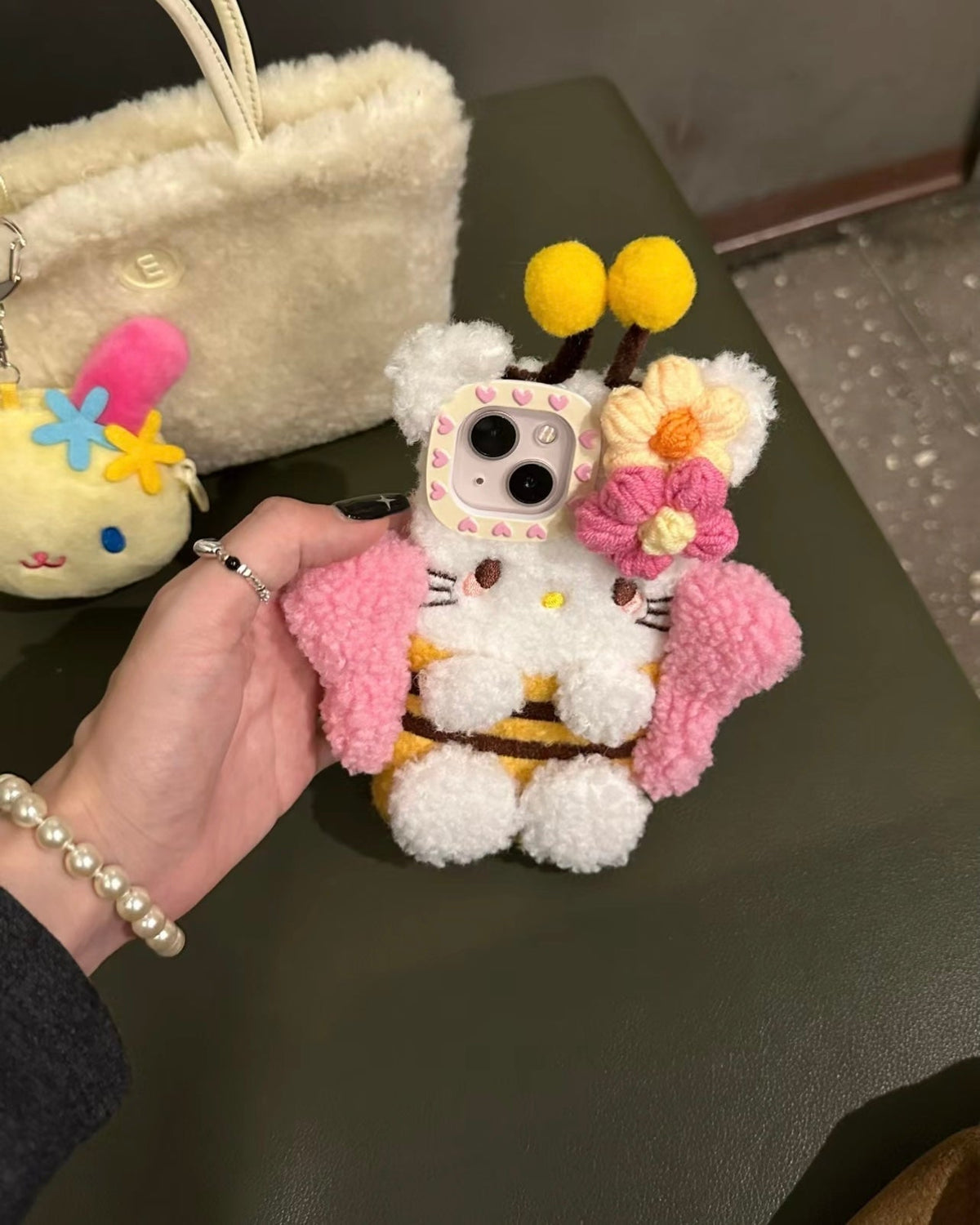 Bumblebee Fleece iPhone Case with Crochet Flowers