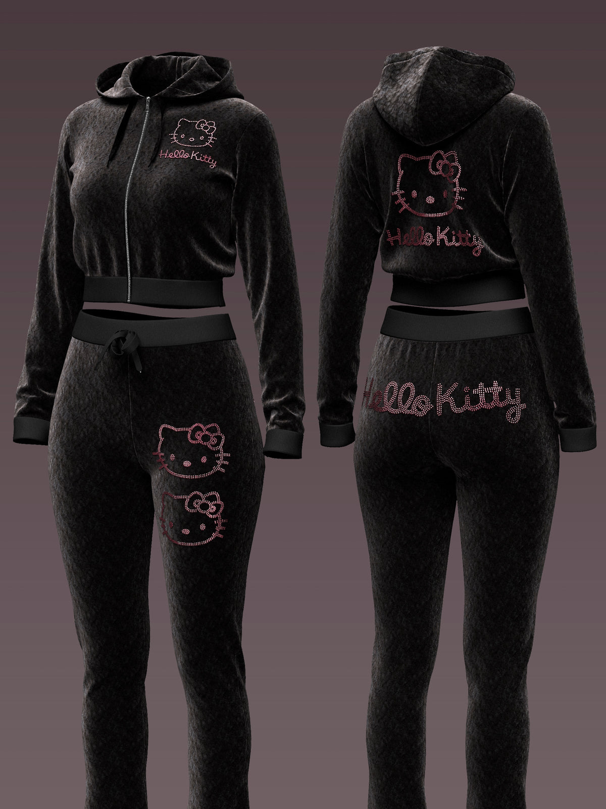 Kitty Rhinestone Velvet Tracksuit Set