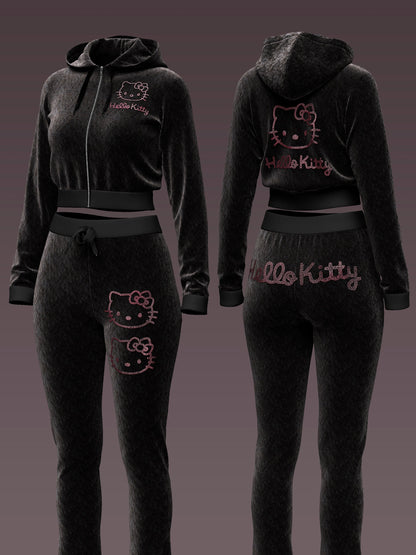 Kitty Rhinestone Velvet Tracksuit Set