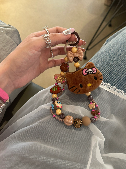 Dark Brown Plush Kitty Beaded Phone and Bag Charm