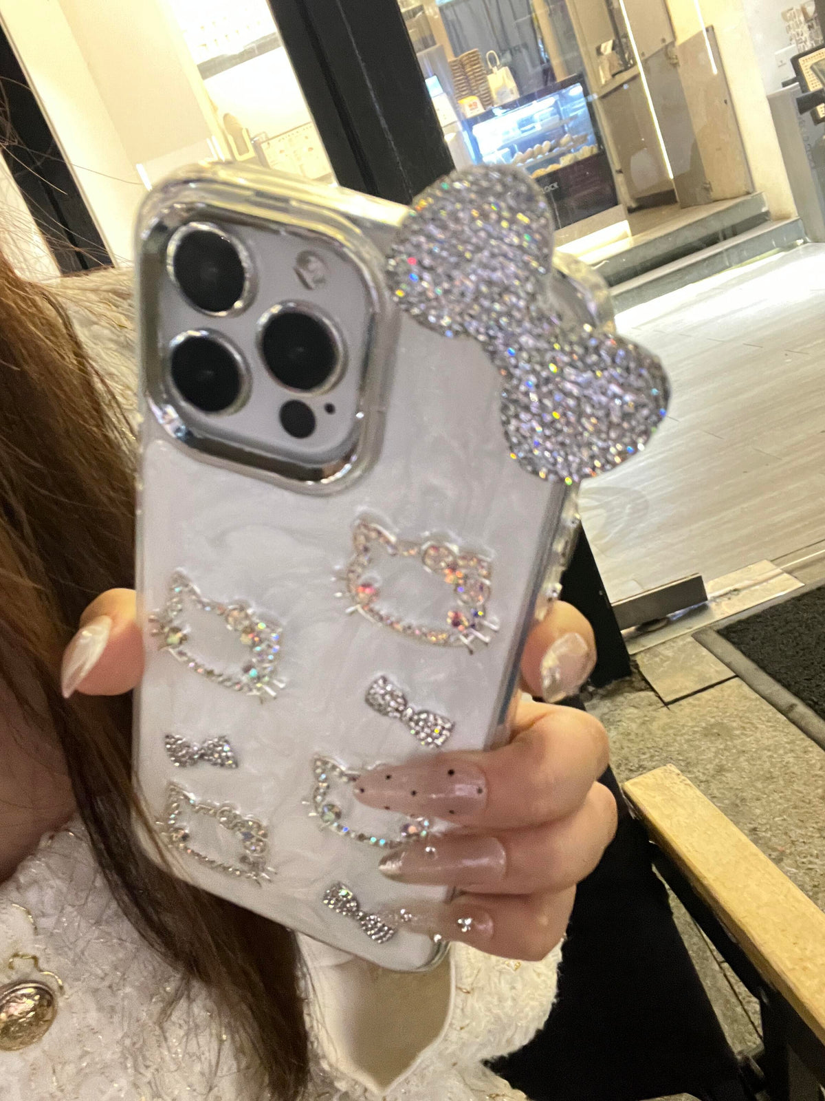 Kitty Rhinestone Charm iPhone Case with Holder
