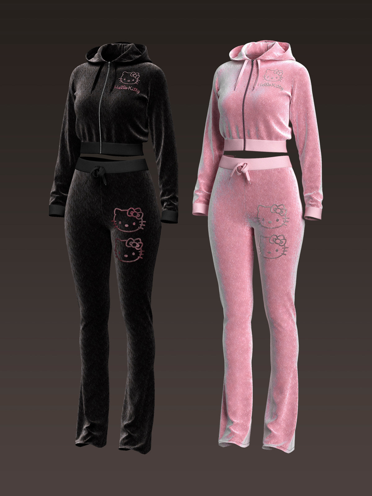 Kitty Rhinestone Velvet Tracksuit Set
