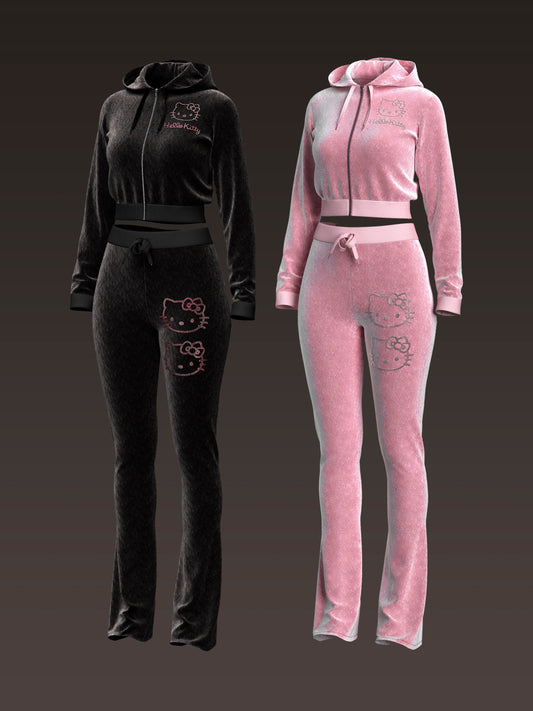 Kitty Rhinestone Velvet Tracksuit Set